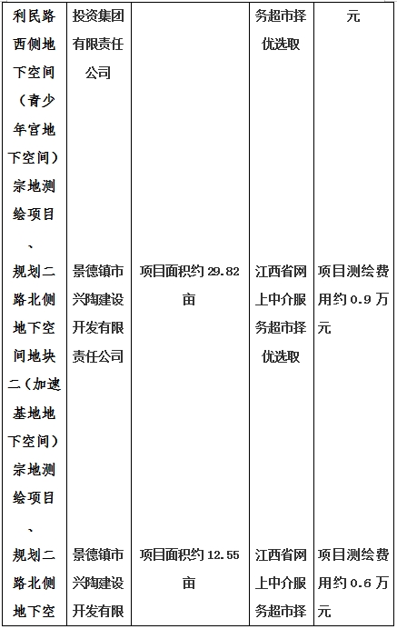 景德鎮(zhèn)市昌南新區(qū)LJ1-03-A01-1地塊、瓷都大道東側中渡口地下空間（格蘭云天大酒店地下空間）、光明大道北側利民路西側地下空間（青少年宮地下空間）、規(guī)劃二路北側地下空間地塊二（加速基地地下空間）、規(guī)劃二路北側地下空間地塊一（加速基地地下空間）、景德大道南側天寶橋西側地塊、景興大道東側如意路北側地下空間(社會公共服務