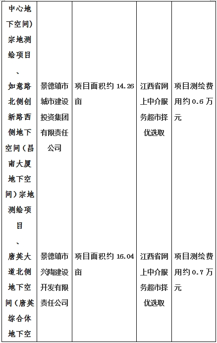 景德鎮(zhèn)市昌南新區(qū)LJ1-03-A01-1地塊、瓷都大道東側中渡口地下空間（格蘭云天大酒店地下空間）、光明大道北側利民路西側地下空間（青少年宮地下空間）、規(guī)劃二路北側地下空間地塊二（加速基地地下空間）、規(guī)劃二路北側地下空間地塊一（加速基地地下空間）、景德大道南側天寶橋西側地塊、景興大道東側如意路北側地下空間(社會公共服務